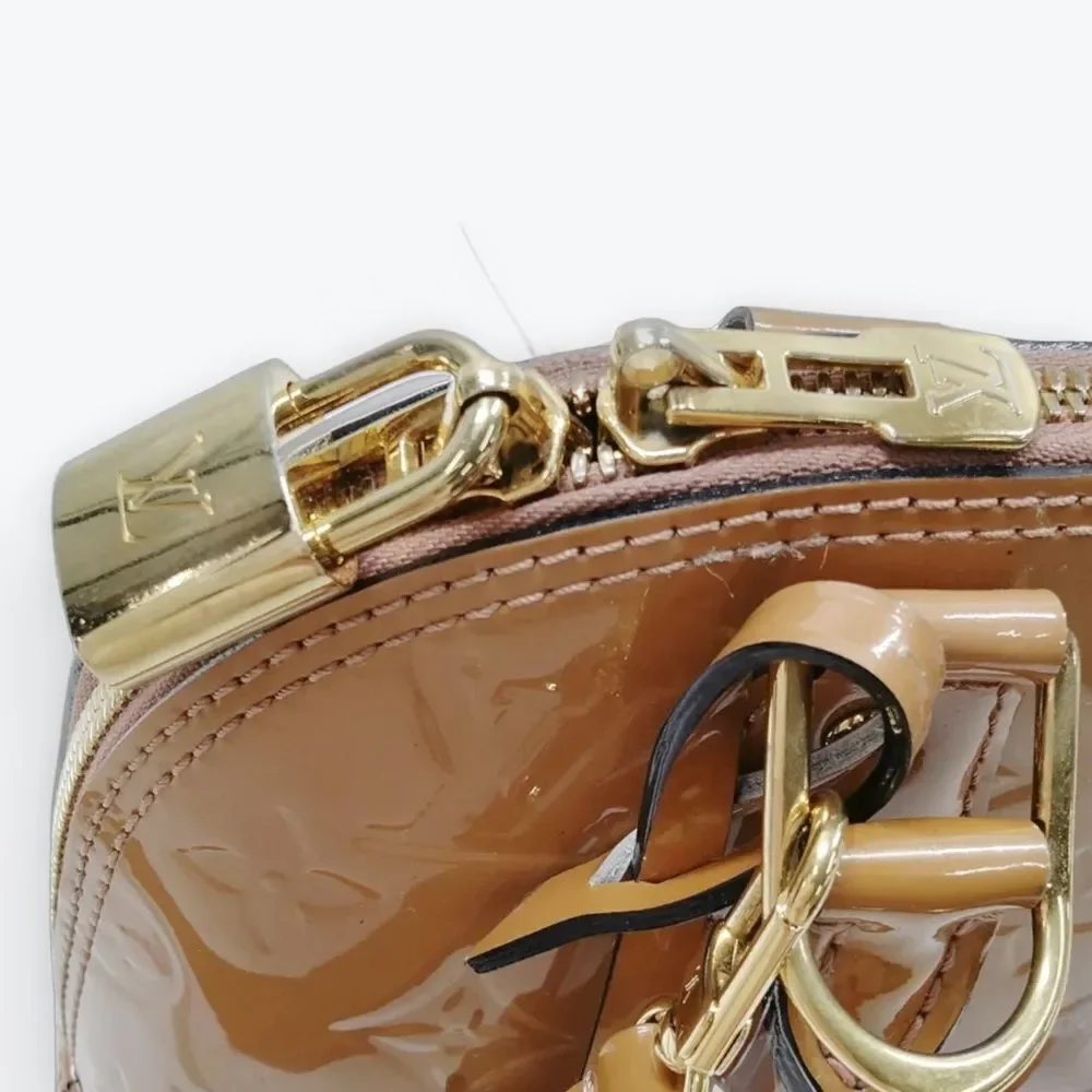 Auth Louis Vuitton Camel Brown Vernis Patent Leather 2way LV Alma BB Satchel